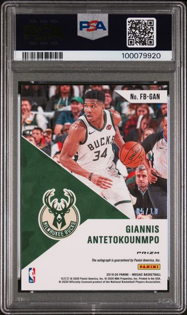 Giannis Antetokounmpo 2019 Panini Mosaic Fast Break autograph gold prizm #'d 05/10 PSA 10