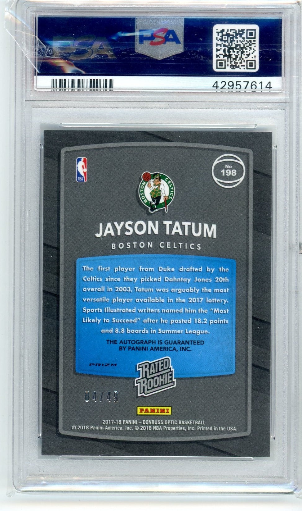 Jayson Tatum 2017-18 Panini Donruss Optic Blue Prizm Autograph #’d 04/49 PSA 10