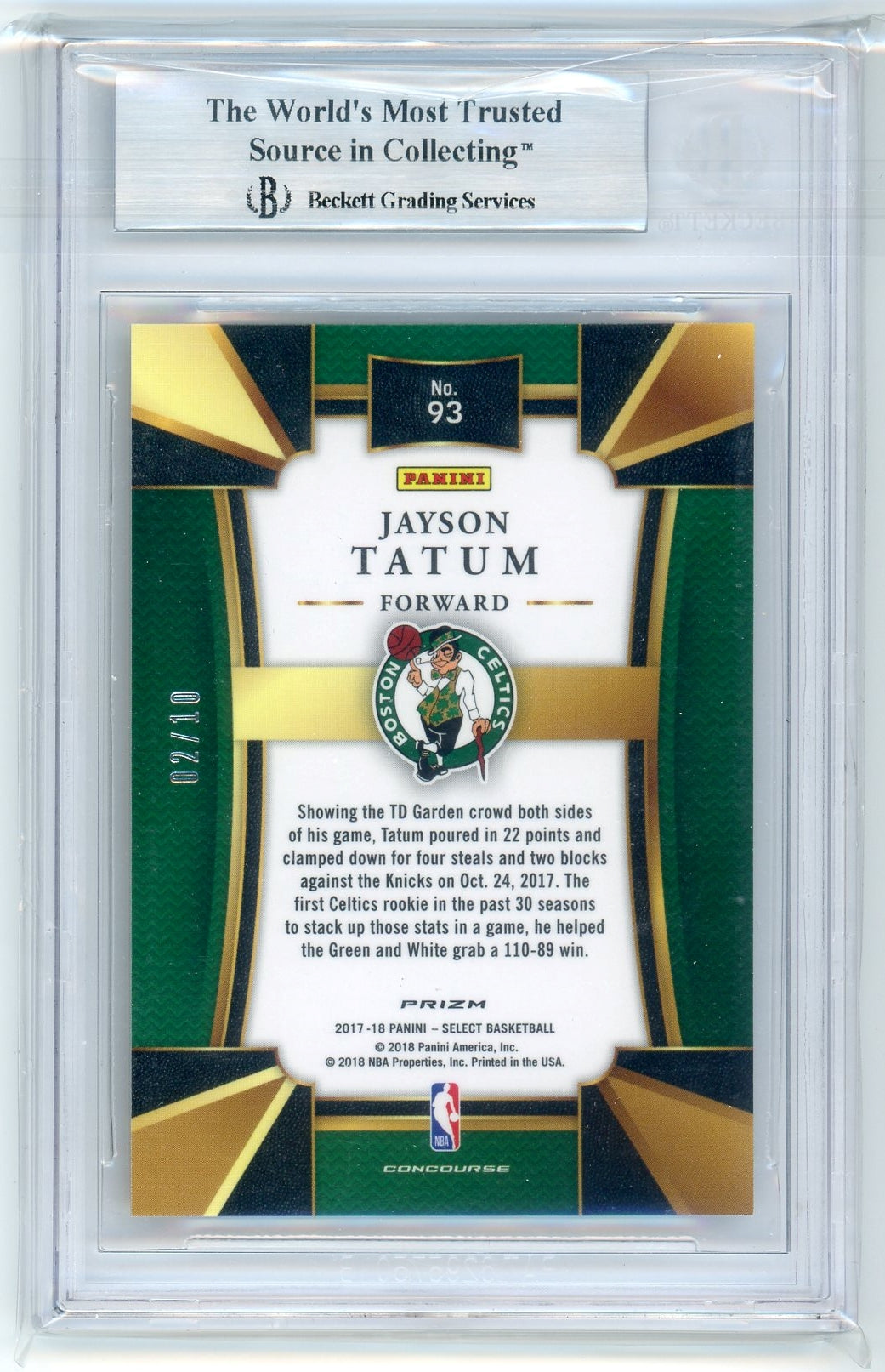 JAYSON TATUM 2017-18 SELECT CONCOURSE GOLD ROOKIE #02/10 BGS 9 MINT CELTICS
