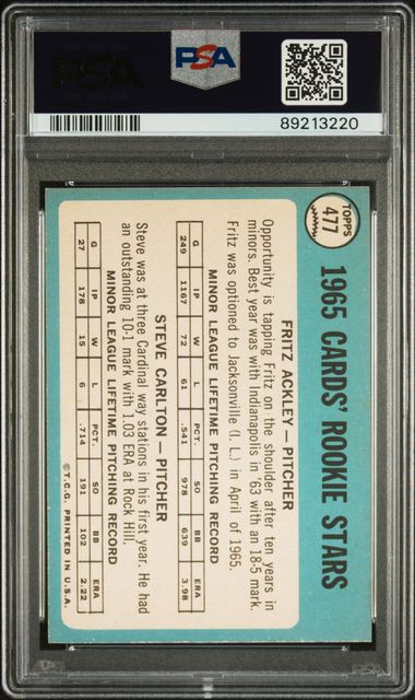 Cardinals Rookies Steve Carlton Fritz Ackley 1965 Topps #477 PSA 8