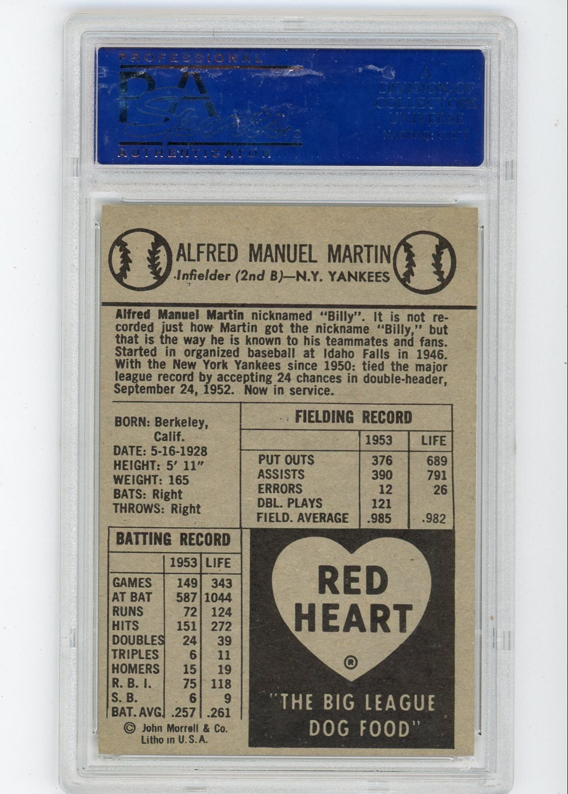 Billy Martin 1954 Red Heart PSA 8