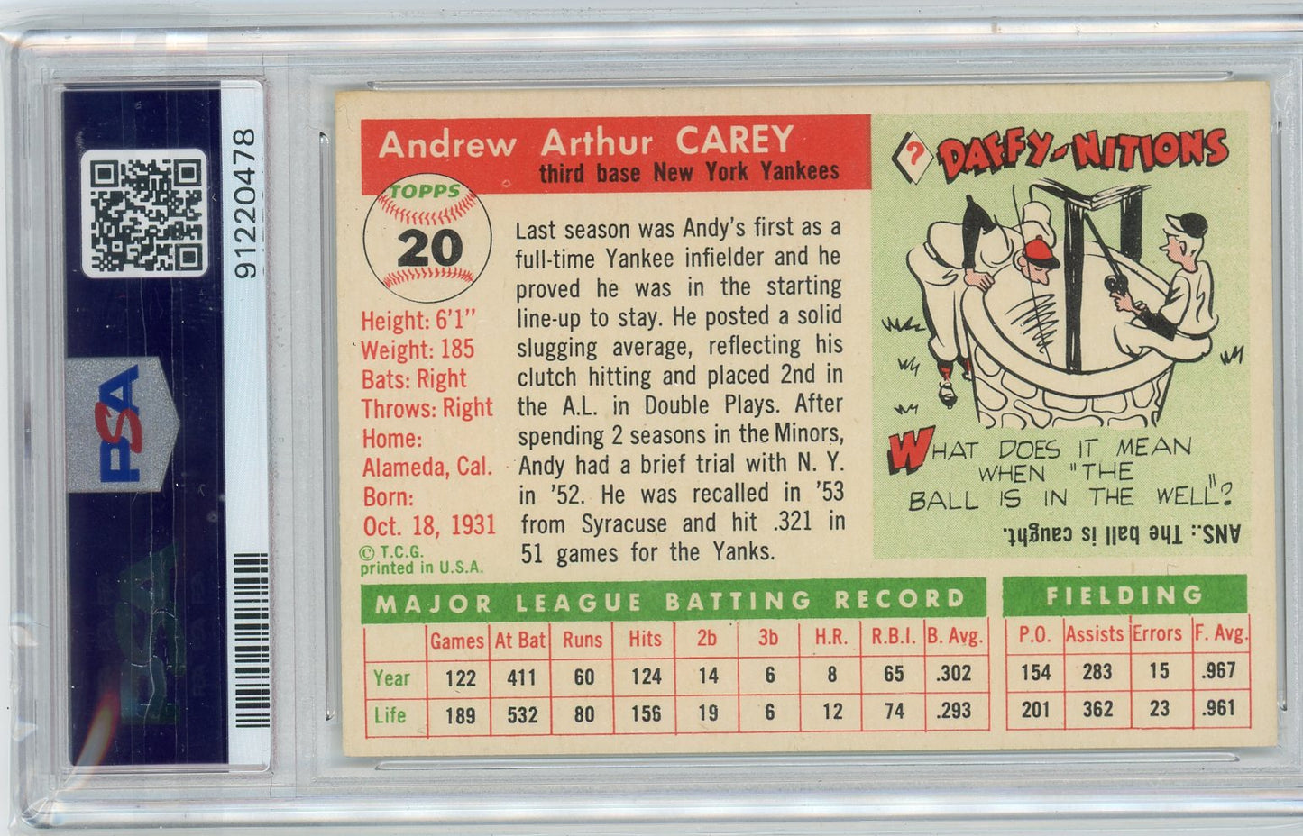 Andy Carey 1955 Topps #20 PSA 8