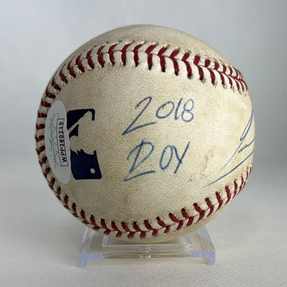 Ronald Acuna Jr. Autographed MLB Game Used Double Career Hit 85 Double 20 08/24/18