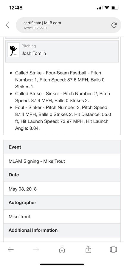 Mike Trout MLB Game Used Autographed Baseball 9/20/2017 Indians vs Angles
