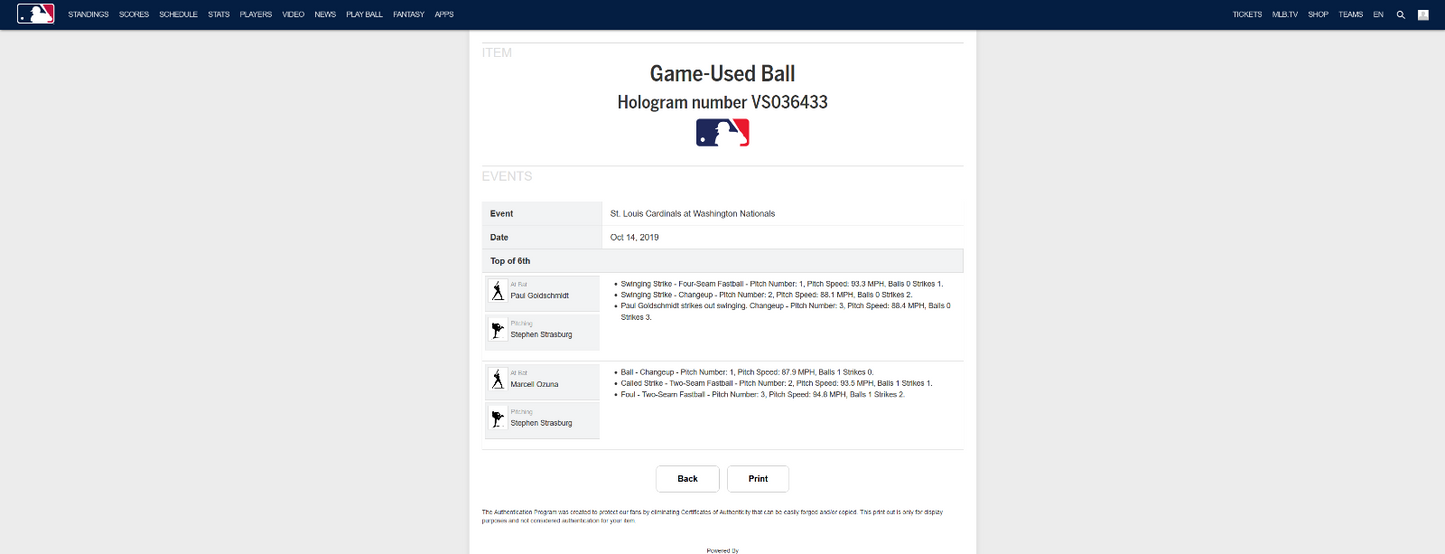 Stephen Strasburg MLB Game Used NLCS Strikeout #50 Baseball 10/14/19 Nationals