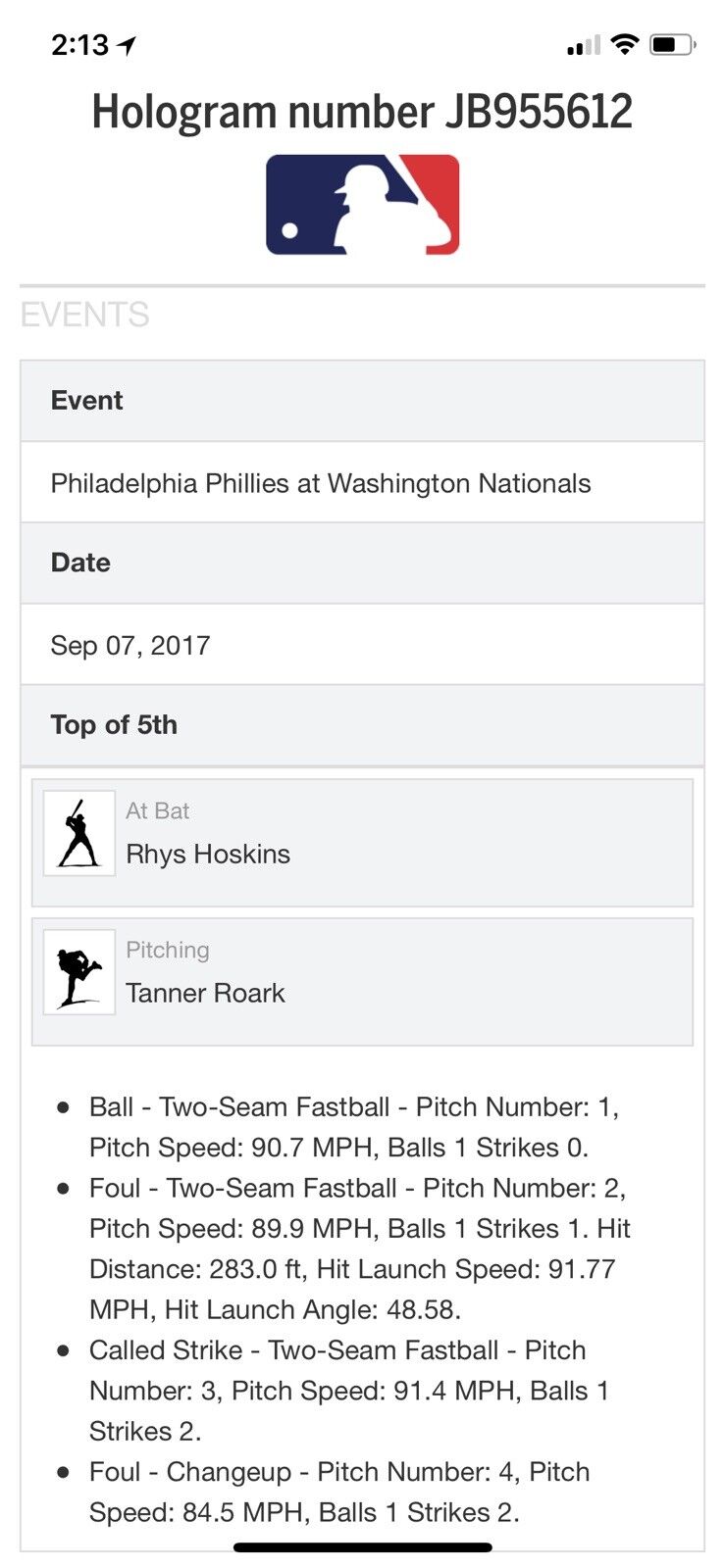 Victor Robles MLB Debut Signed Game Used Baseball 9/7/17 Phillies at Nationals