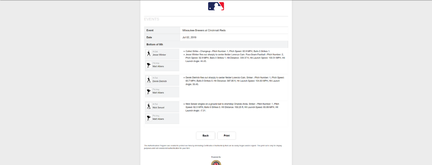 Nick Senzel MLB Game Used Single Baseball 7/2/19 Career Hit #55 Reds