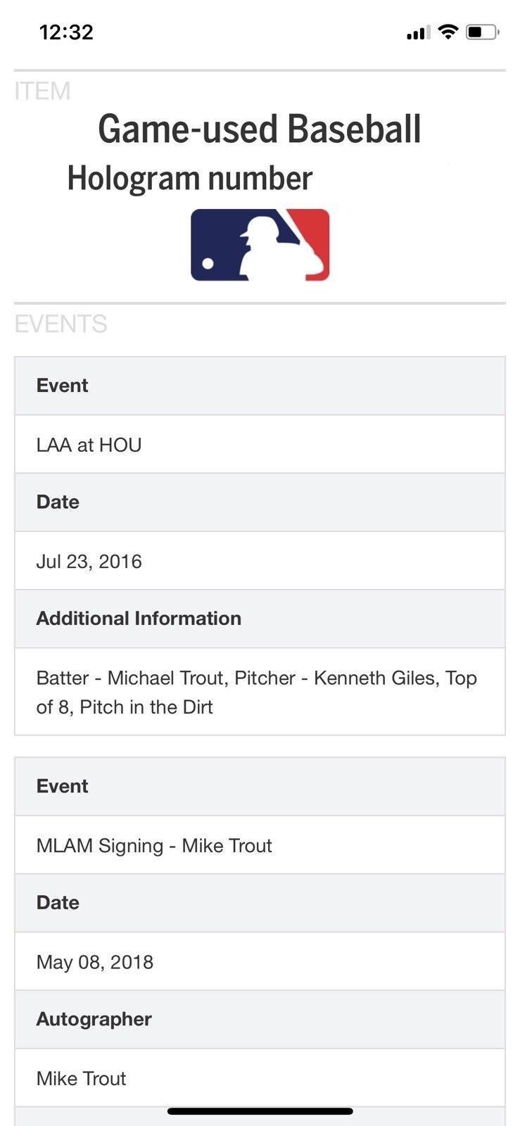 Mike Trout MLB Game Used Autographed Baseball MVP 7/23/2016 Angles vs Astros