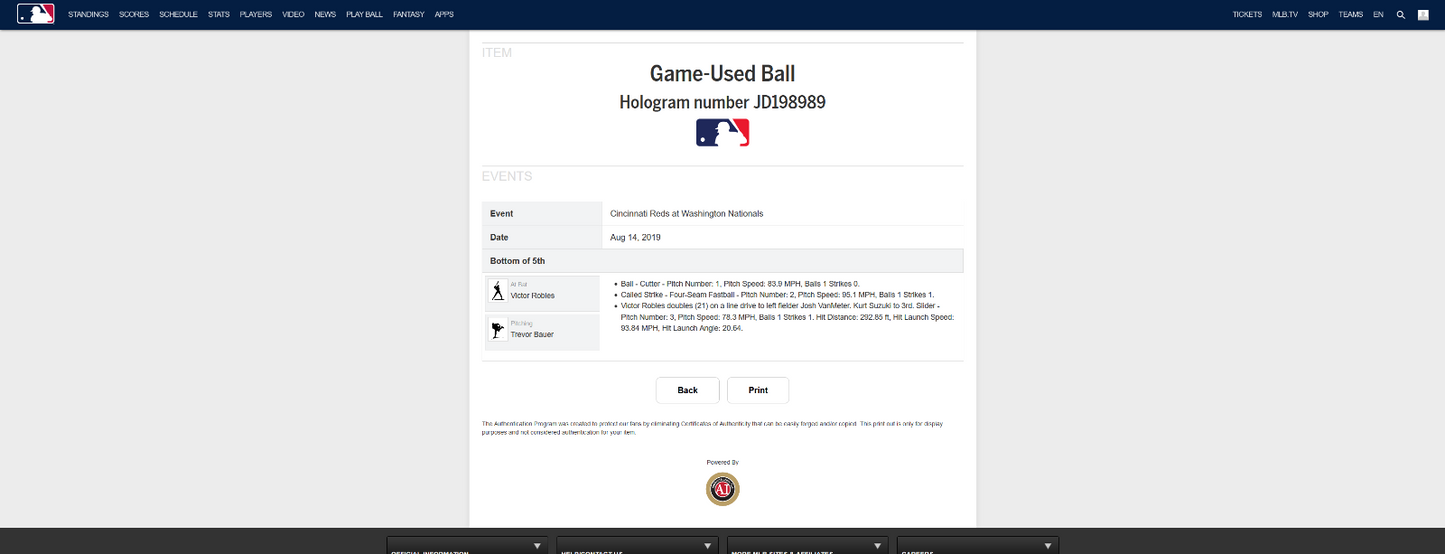 Victor Robles MLB Game Used Double Baseball 8/14/19 Career Double #25 Nationals