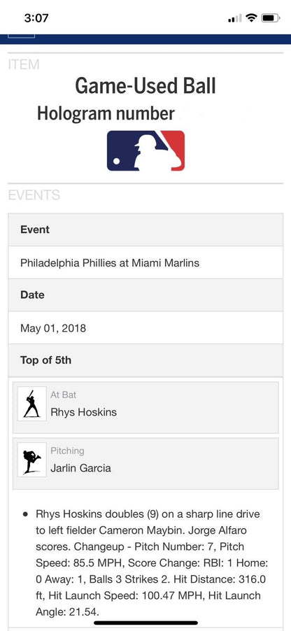 Rhys Hoskins MLB Game used Double RBI Baseball Career Double #16 Career Hit #71