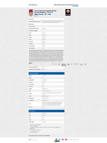 Mike Trout Baseball Authenticated Masterpieces Game-Used, Autographed Baseball