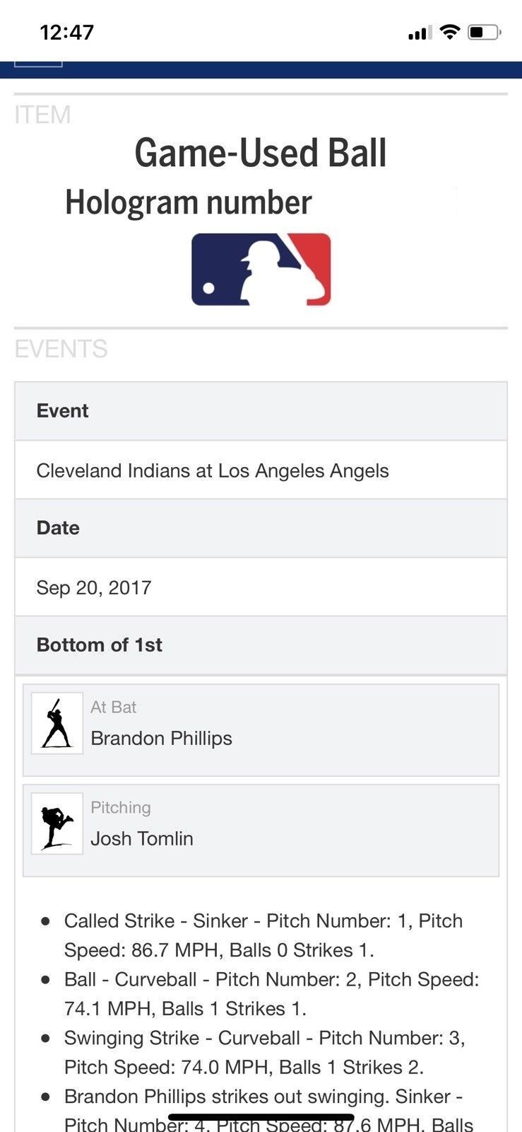 Mike Trout MLB Game Used Autographed Baseball 9/20/2017 Indians vs Angles