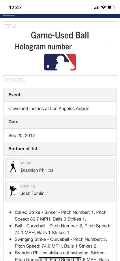 Mike Trout MLB Game Used Autographed Baseball 9/20/2017 Indians vs Angles