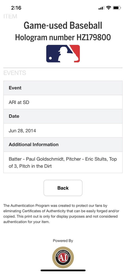 Paul GoldSchmidt MLB Game Used Logo Autographed Ball 6/28/14 Arizona vs Padres