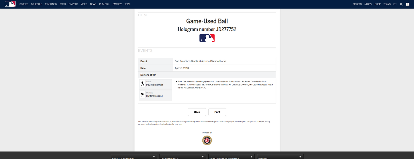 Paul Goldschmidt MLB Game Used Double Autographed Ball 4/18/18 Career Hit #1025