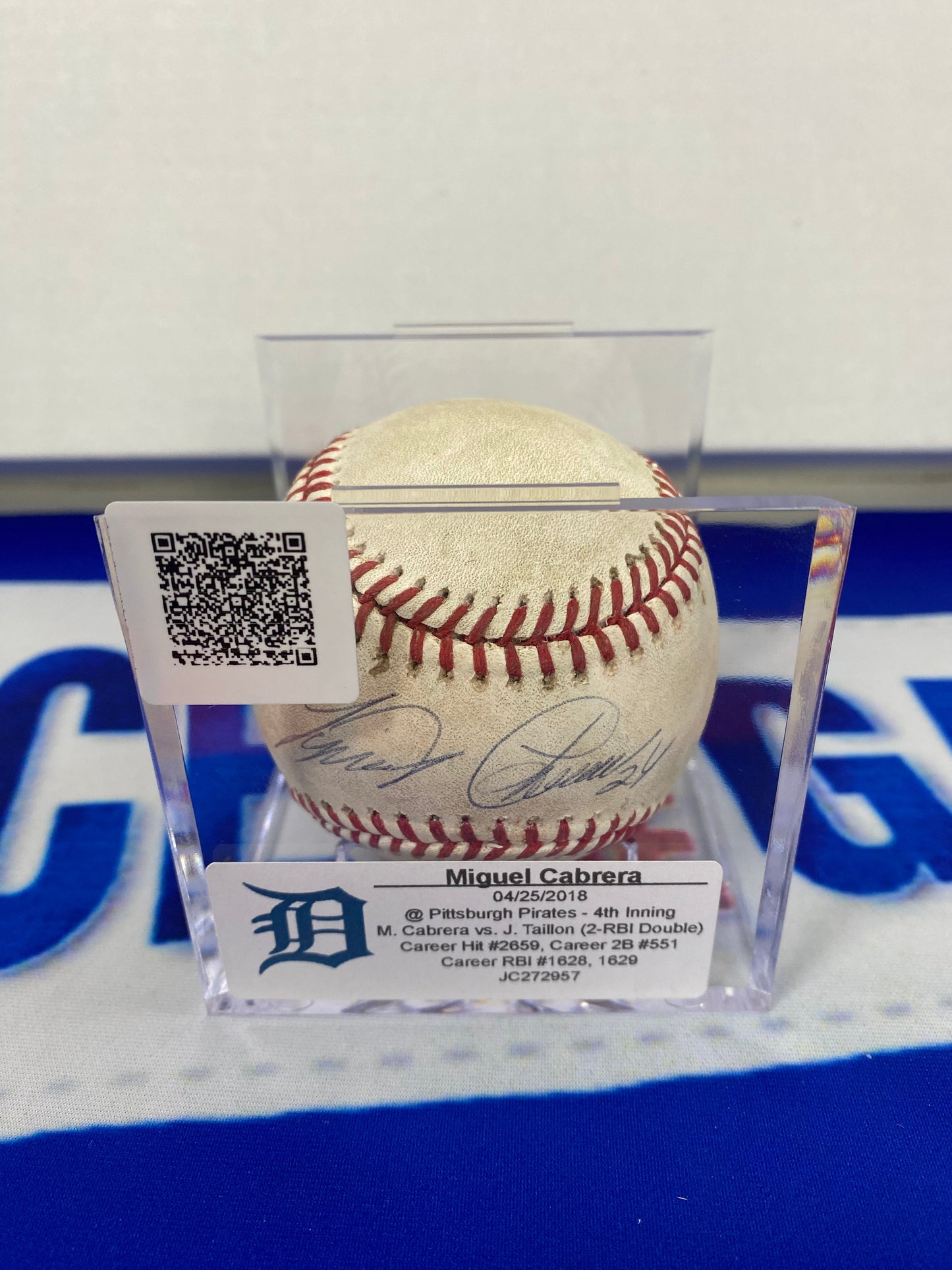 Miguel Cabrera Autographed MLB Game Used Double Career Hit 2659 Double 551 RBI 1628 1629 04/25/18