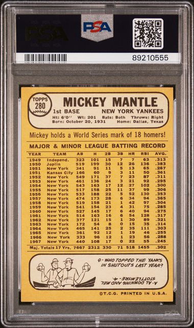 Mickey Mantle 1968 Topps #280 PSA 6