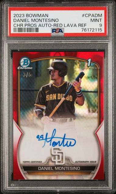 Daniel Montesino 2023 Bowman Chrome Prospect Autographs Red Lava Refractor #'d 1/5 PSA 9