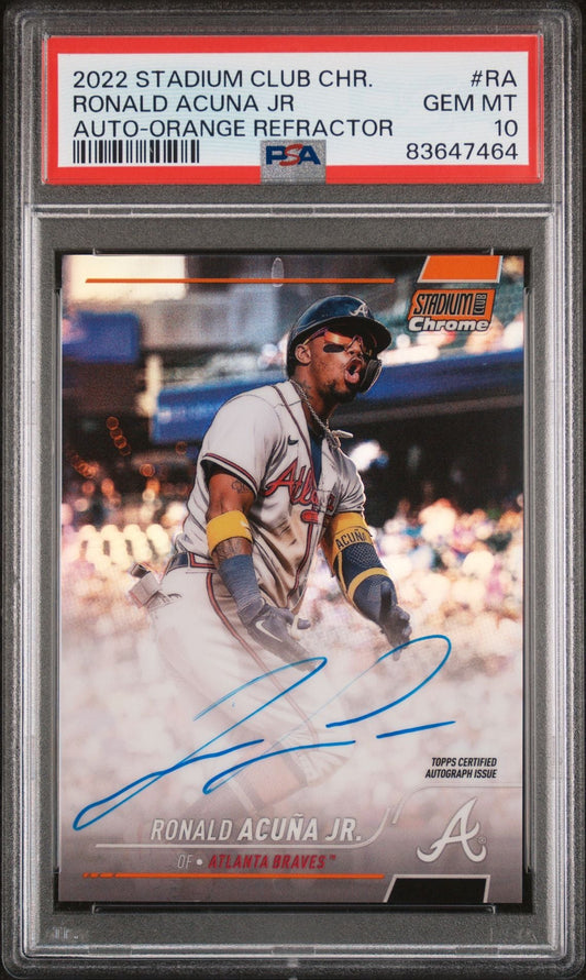 Ronald Acuna Jr. 2022 Stadium Club Chrome Orange Refractor Autograph #'d 05/25 PSA 10
