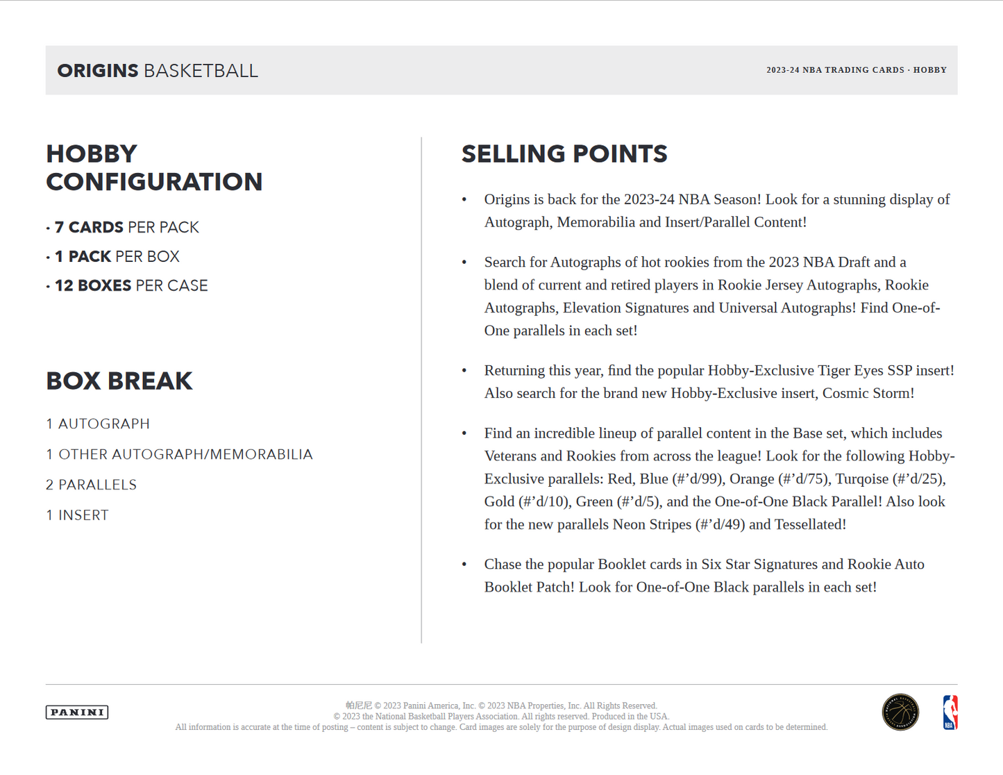 2023-24 Panini Origins Basketball Hobby 12 Box Case