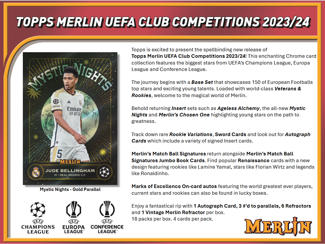2023-24 Topps UEFA Club Competitions Merlin Chrome Soccer Hobby 12 Box Case