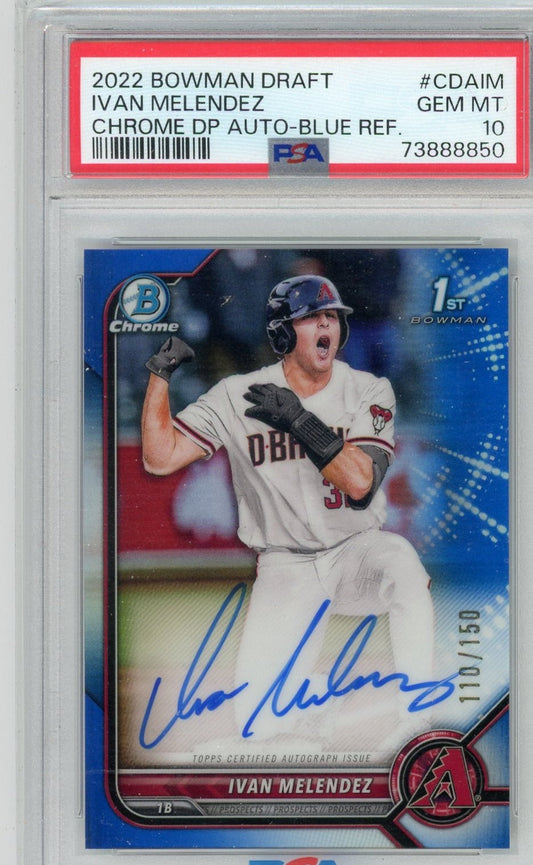 Ivan Melendez 2022 1st Bowman Draft blue refractor autograph #'d 110/150 PSA 10