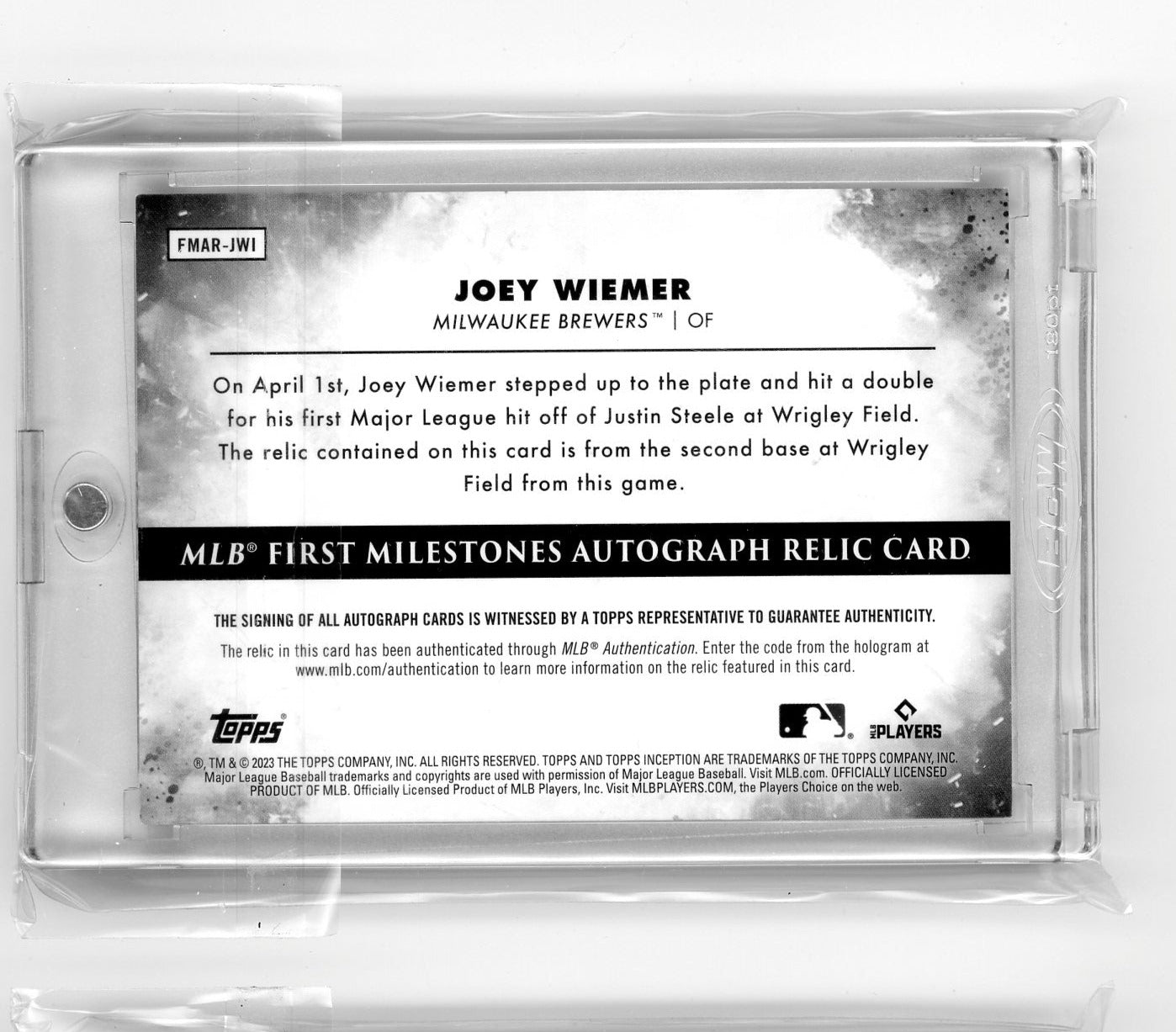 Joey Wiemer 2023 Topps Inception First Milestones base relic autograph rookie card #'d 2/5