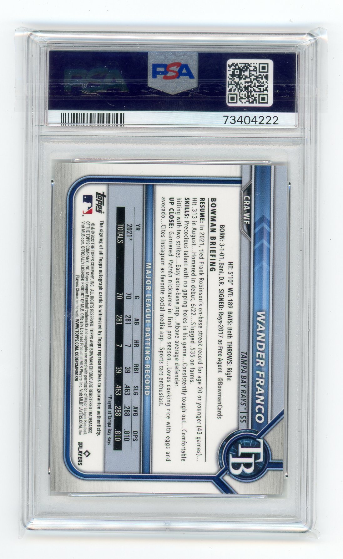 Wander Franco 2020 Bowman Chrome Rookie Auto Red Refractor #'d 4/5 PSA 10