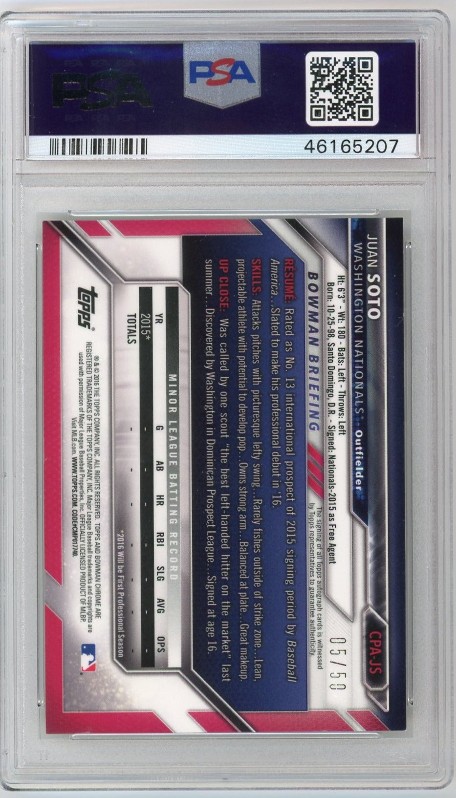 2016 Bowman Chrome Prospect Auto Gold  /50 Ref Juan Soto PSA 8