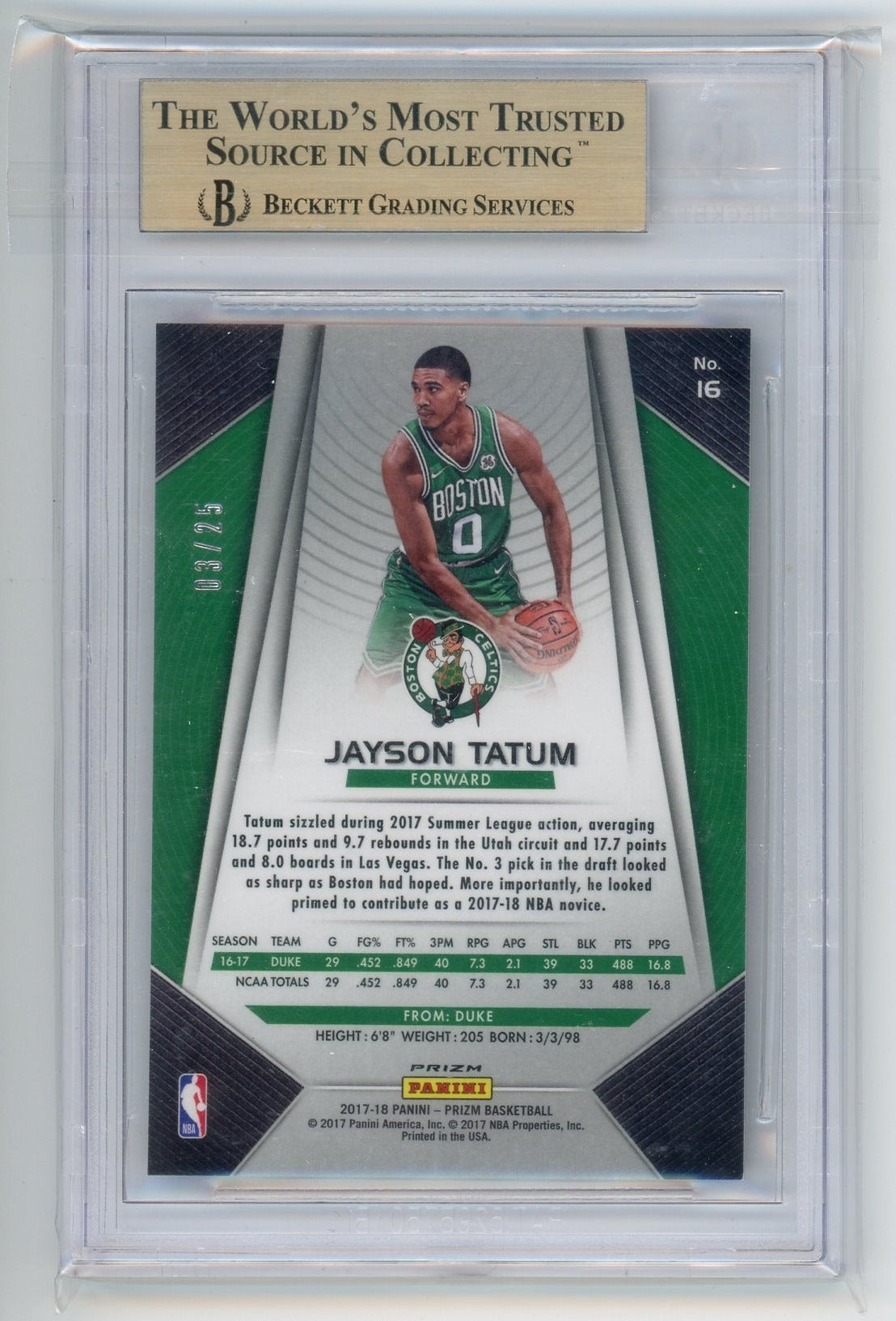 Jayson Tatum 2017-18 Panini Prizm Red Pulsar Prizm #’d 03/25 BGS 9.5